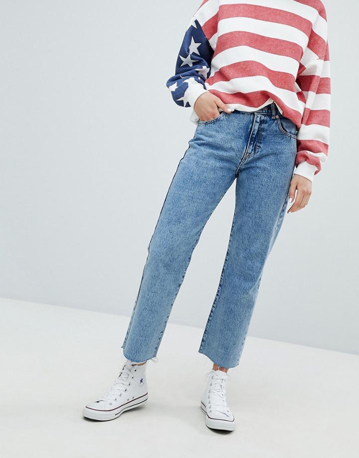 Pull & Bear Straight Leg Jean Cropped With Frayed Hem - Blue