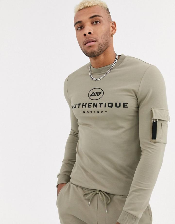 Asos Design Two-piece Muscle Fit Sweatshirt With Ma1 Pockets & Chest Logo Print In Logo Print In Khaki-green