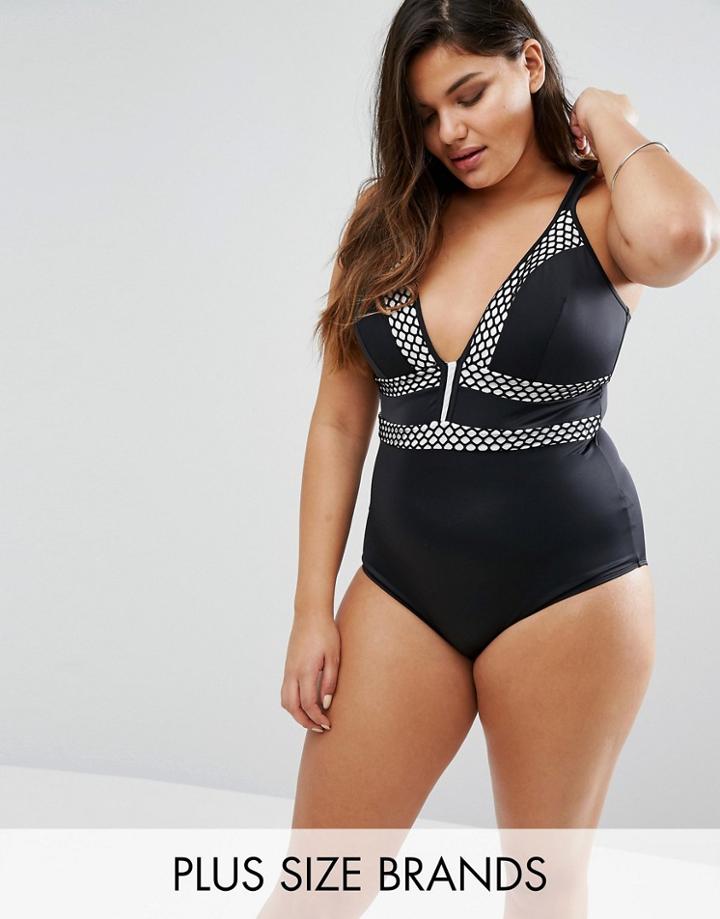 City Chic Mesh Insert Swimsuit - Black