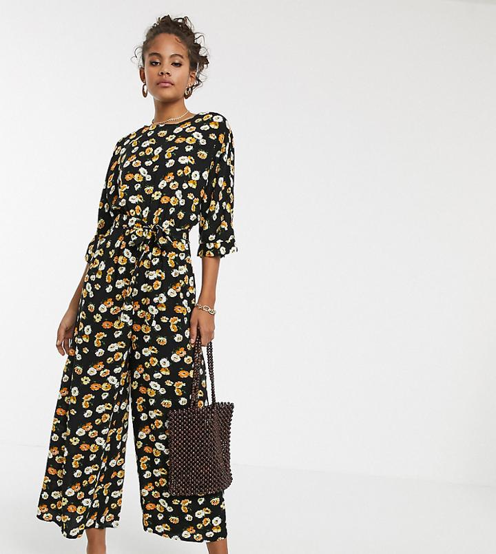 Asos Design Tall Tie Waist Jumpsuit In Yellow Ditsy Floral Print