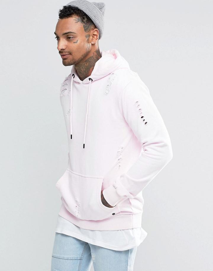 Criminal Damage Hoodie With Distressing - Pink