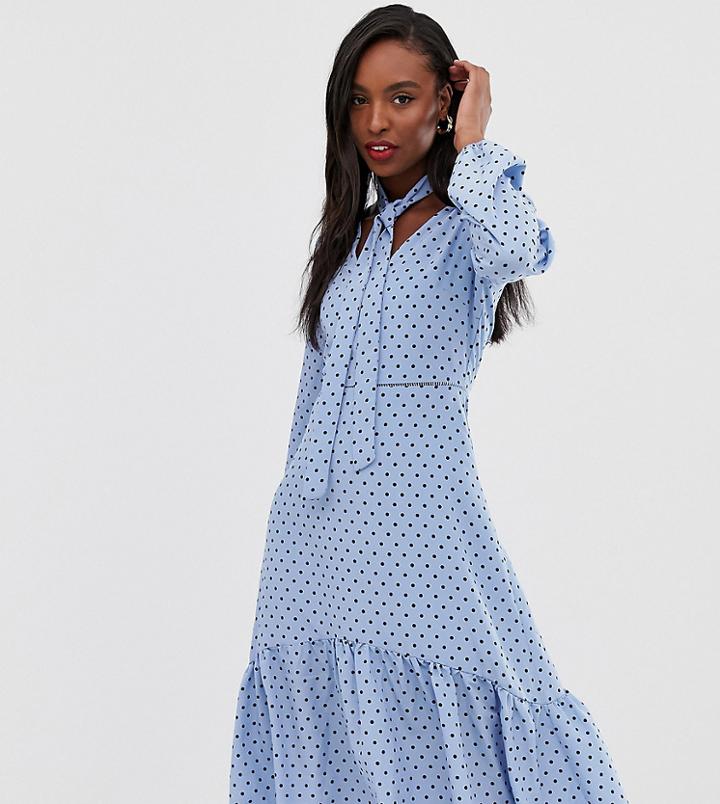 Glamorous Tall Midi Dress With Neck Tie In Polka Dot