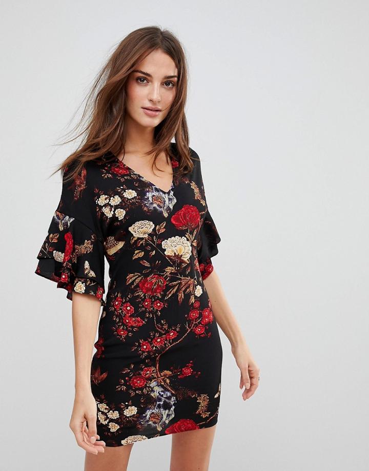 Parisian V Neck Floral Shift Dress With Flare Sleeve - Black