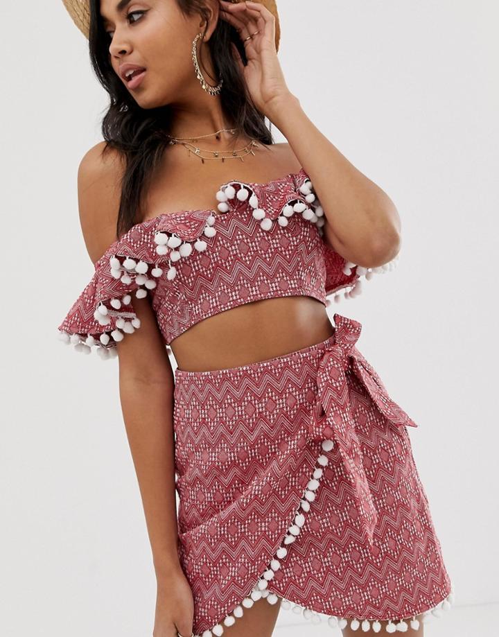 Asos Design Jacquard Pom Pom Wrap Beach Two-piece Skirt - Red