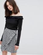 Plain Studios Off Shoulder Top With Long Sleeves In Light Rib - Black