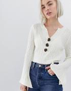 Asos Design Natural Yarn Sweater With Button Detail-cream