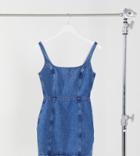 Asos Design Tall Denim Square Neck Pinny Dress In Blue