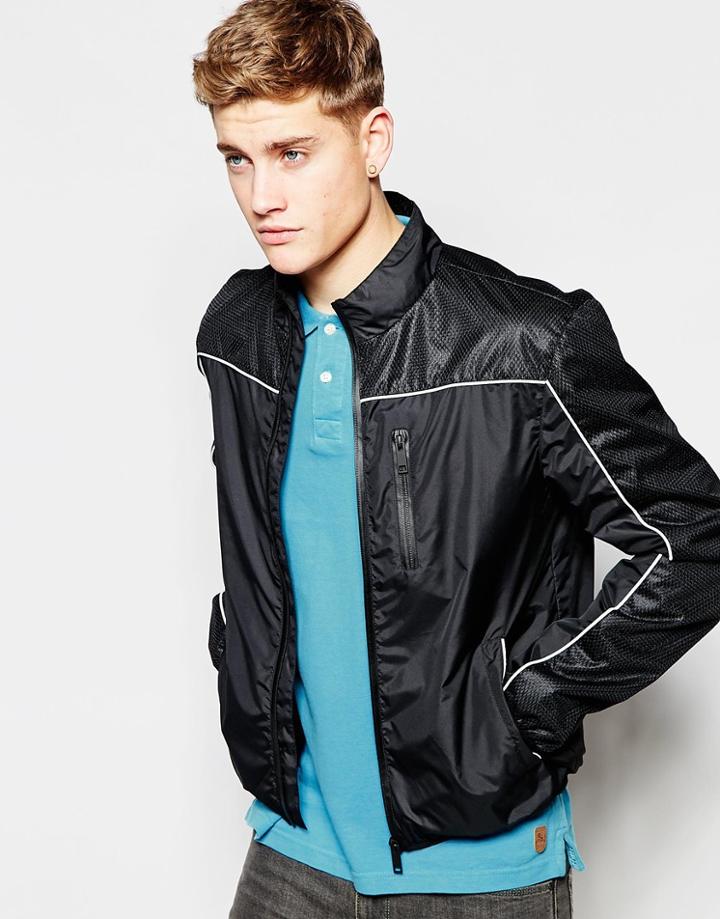 Brave Soul Nylon Mesh Top Piped Bomber Jacket - Black