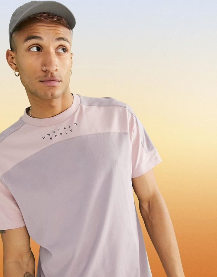 Asos Unrvlld Spply Standard T-shirt With Cut & Sew And Logo Print In Purple-pink