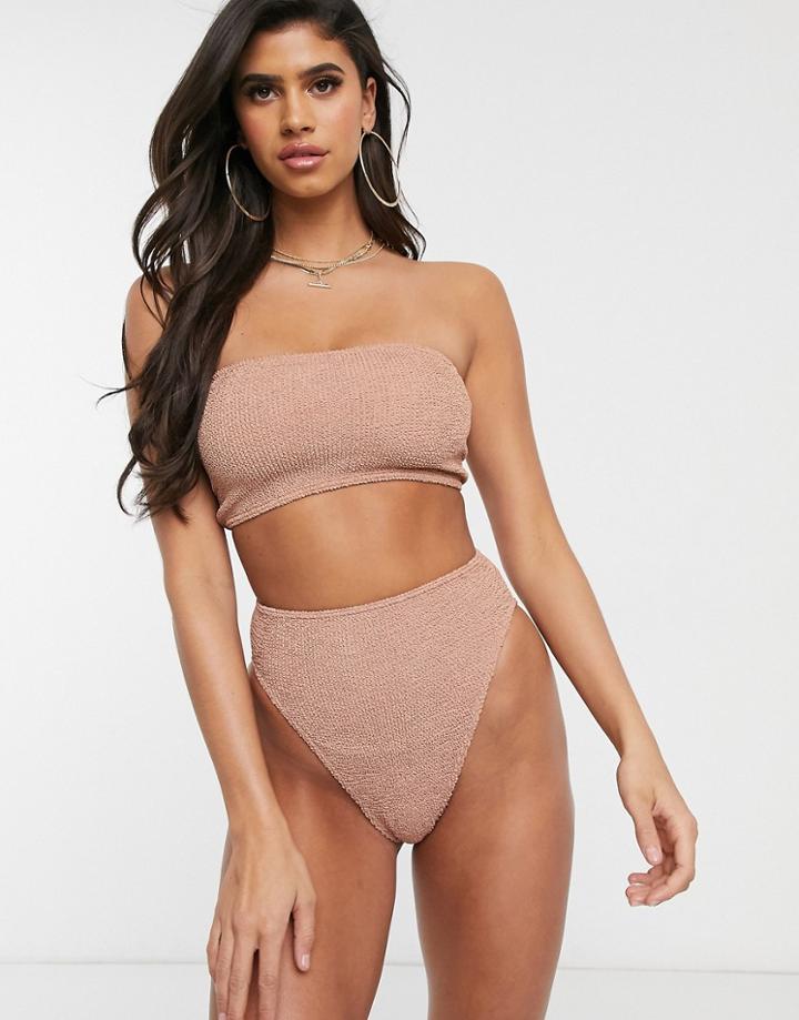 Asos Design Mix And Match Crinkle Bandeau Bikini Top In Rose Mink-pink