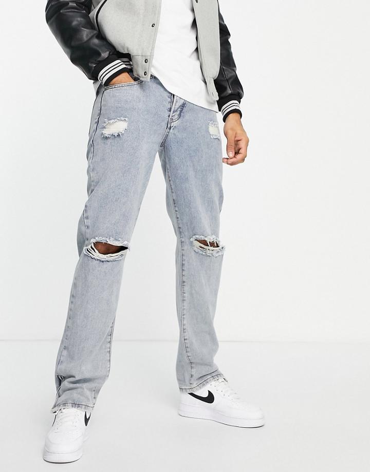 Liquor N Poker Straight Fit Jeans In Midwash Blue With Hem Zip Details-blues