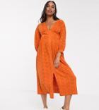 Asos Design Maternity Broderie Midi Dress With Hook And Eye In Orange