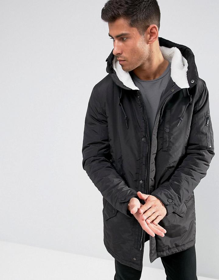 Brave Soul Fleece Lined Hooded Parka Jacket - Black