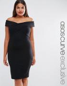Asos Curve Bodycon Pencil Midi Dress With Asymmetric Bardot - Black