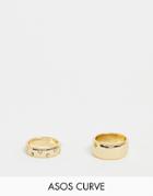 Asos Design Curve Pack Of 2 Rings With Thick Band Design In Plain And Crystal In Gold - Gold