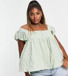 Asos Design Curve Puff Textured Button Through Ruffle Sun Top In Sage-no Color