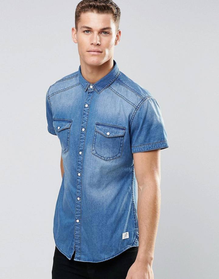 Esprit Short Sleeve Denim Shirt In Mid Wash - Mid Wash