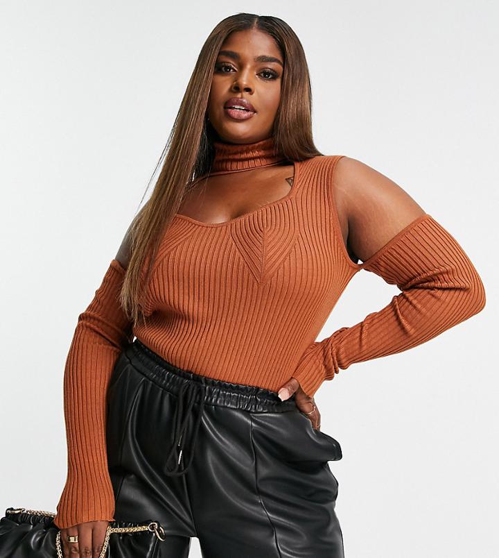 Asos Design Curve Knitted Cutout Roll Neck Top With Cold Shoulder-brown