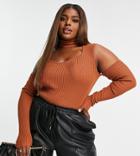 Asos Design Curve Knitted Cutout Roll Neck Top With Cold Shoulder-brown