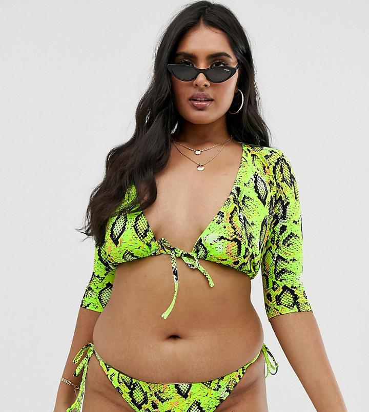 Asos Design Curve Mix And Match Long Sleeve Tie Front Bikini Top In Neon Snake - Multi