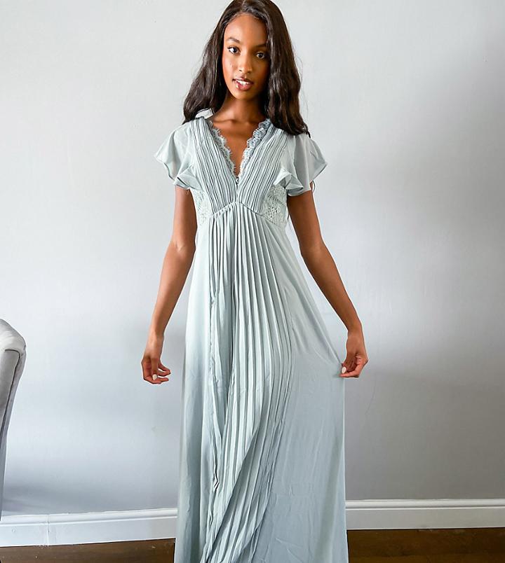 Tfnc Tall Bridesmaid Lace Detail Maxi Dress With Flutter Sleeve In Sage-green