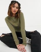 Asos Design Slash Neck Sweater With Ruffle Trims And Pointelle Stitch In Khaki-green