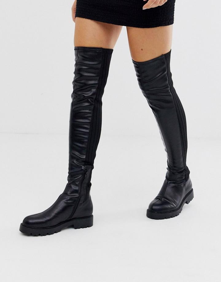 Asos Design Kick Start Flat Thigh High Boots In Black Knit Mix - Black