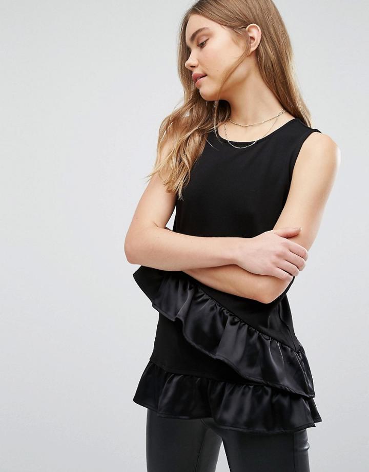 Warehouse Satin Frill Top - Black