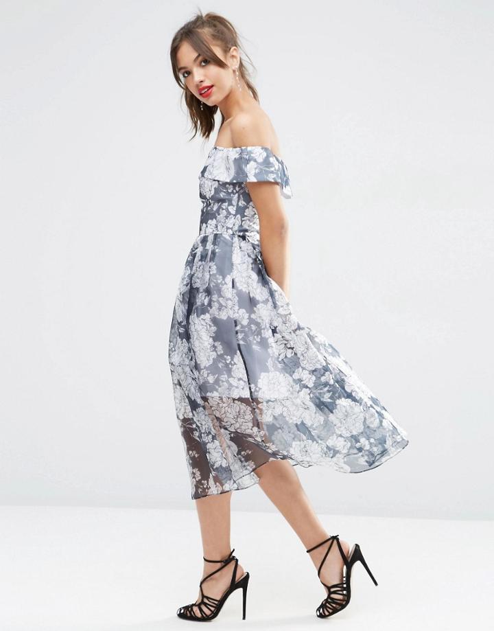 Asos Navy Floral Bardot Organza Midi Dress - Multi