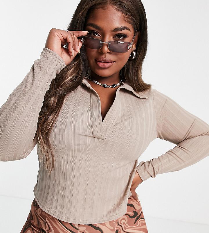 Asos Design Curve Ribbed 70s Polo Top With Long Sleeves-brown