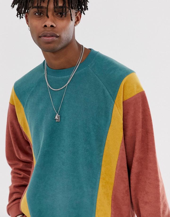 Asos Design Oversized Sweatshirt In Towelling With Color Blocking In Brown - Brown