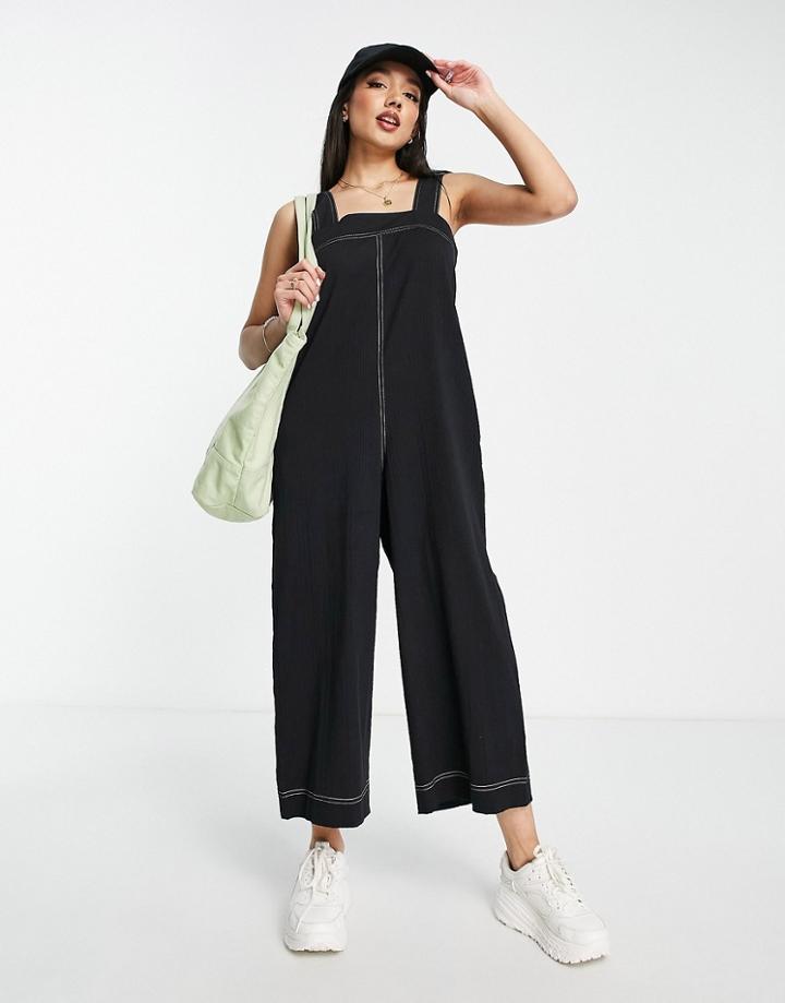Asos Design Buckle Back Jumpsuit With Seersucker Stripe In Black