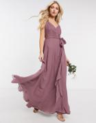 Asos Design Bridesmaid Cami Maxi Dress With Ruched Bodice And Tie Waist In Dusty Mauve-purple