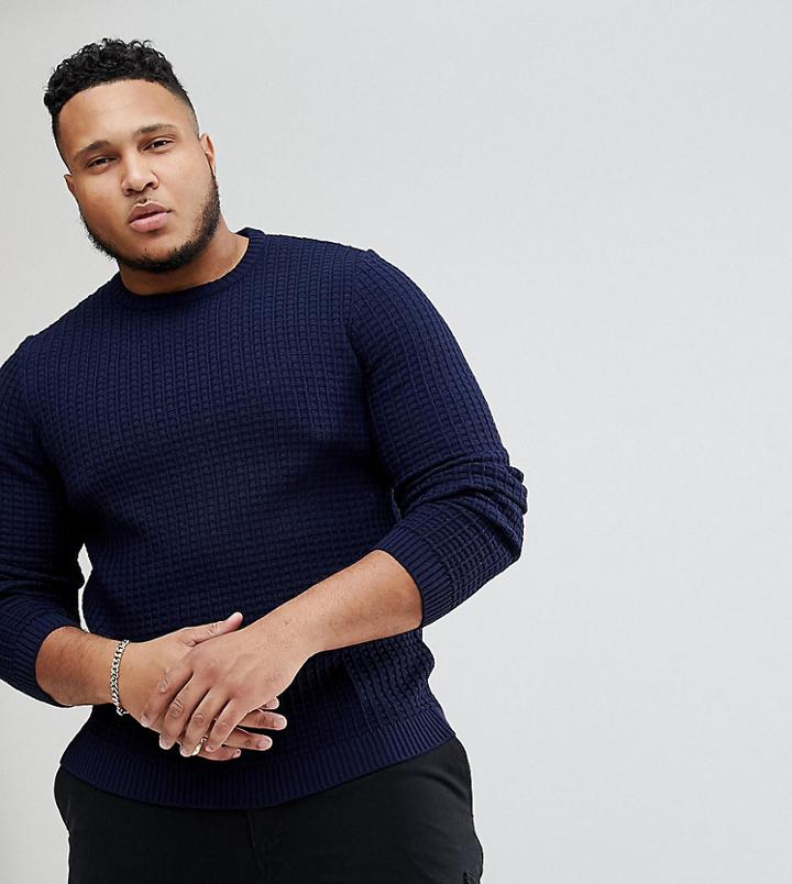 Asos Plus Textured Crew Neck Sweater In Navy - Navy