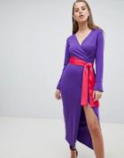Asos Design Maxi Dress With Long Sleeve And Contrast Belt - Purple