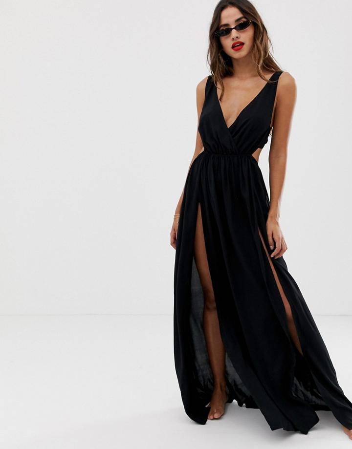 Asos Design Tie Back Cross Front Split Maxi Beach Dress In Black - Black