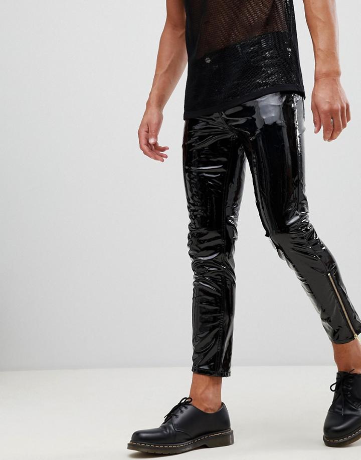 Asos Design 'stefan' Skinny Jeans In Black Vinyl With Zip Hem - Black