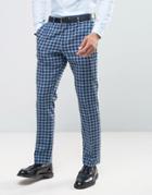 Asos Slim Suit Pant In 100% Wool Blue Check - Blue