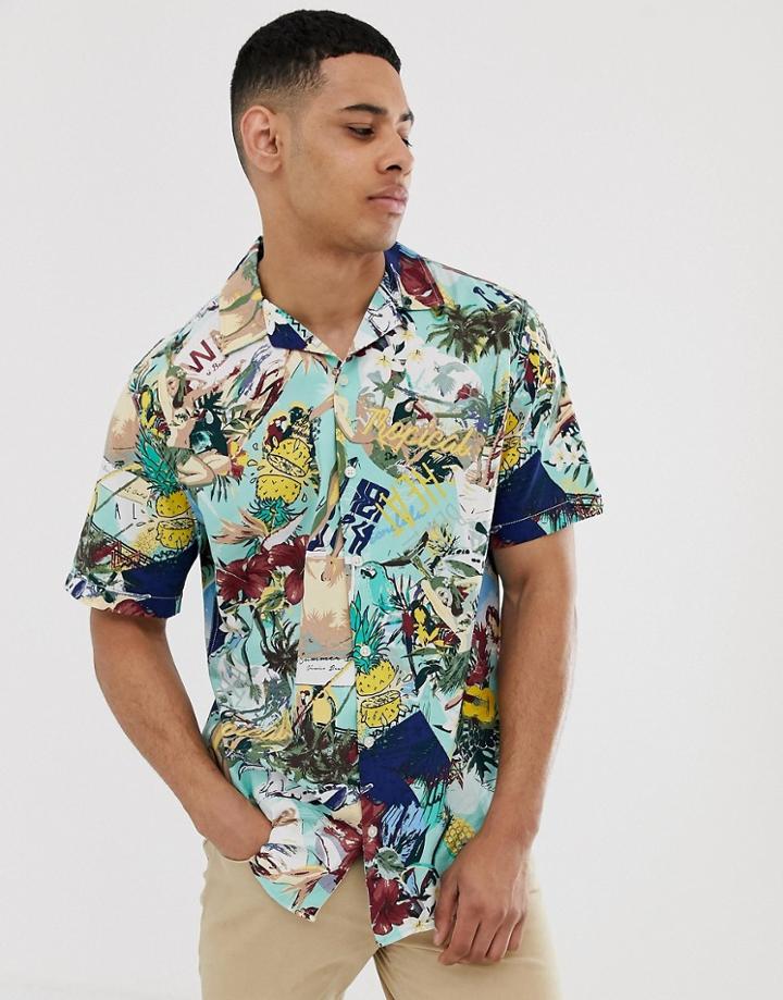 Jack & Jones Originals Short Sleeve Shirt In All Over Tropical Print In Blue - Blue