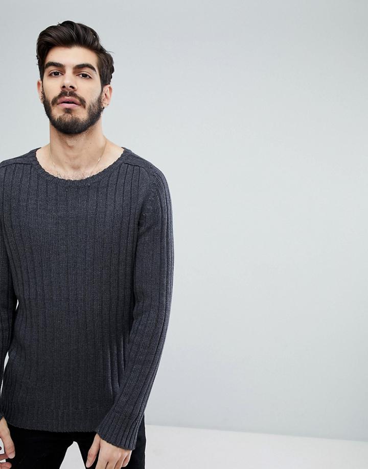 Brave Soul Wide Rib Crew Neck Sweater - Gray