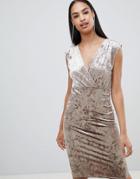 Rare London Velvet Wrap Midi Dress - Beige