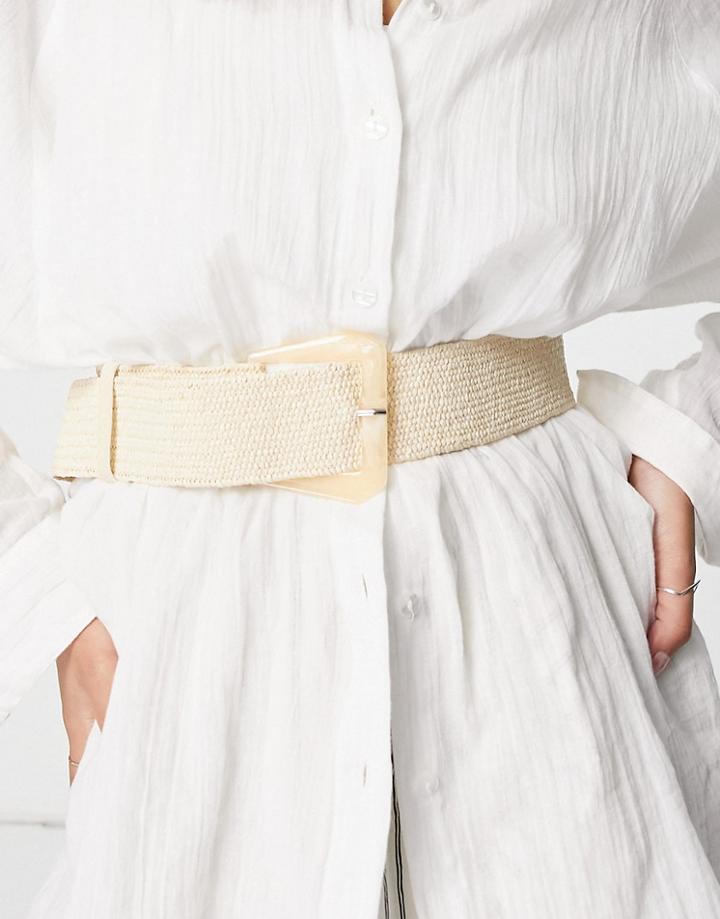 Svnx Straw Belt With Faux Shell Buckle In Cream-white