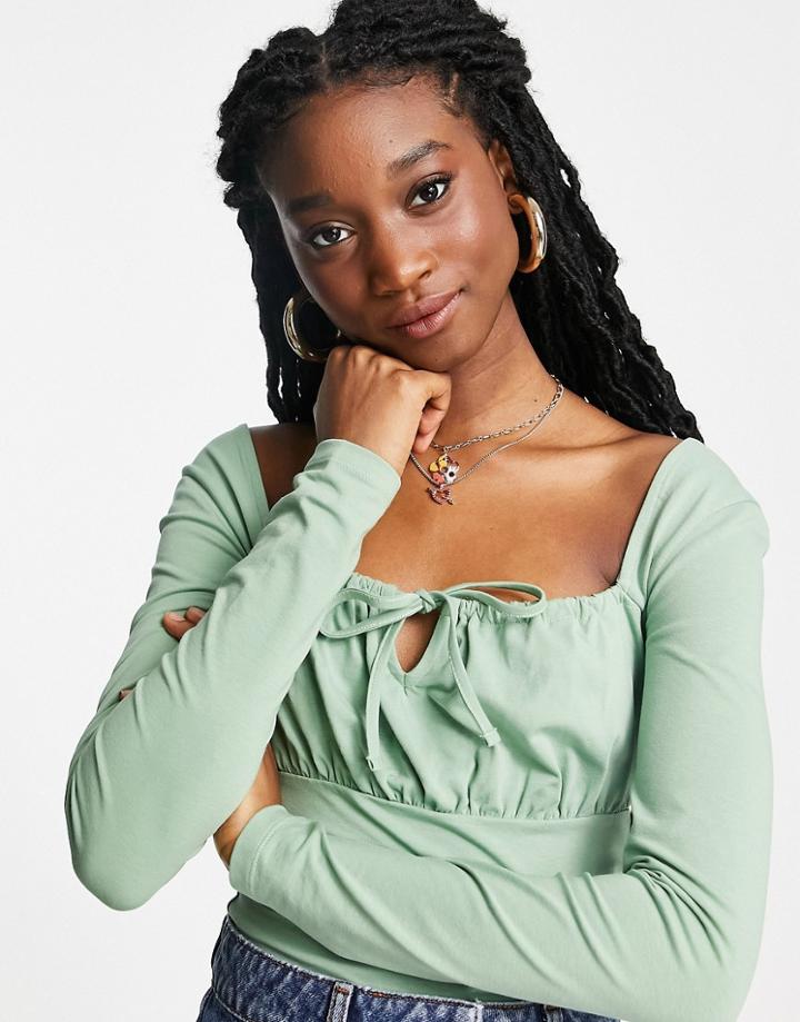 Asos Design Square Neck Tie Detail Longsleeve Top In Sage Green