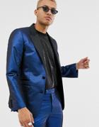Asos Design Slim Tuxedo Suit Jacket In Blue Metallic Jacquard