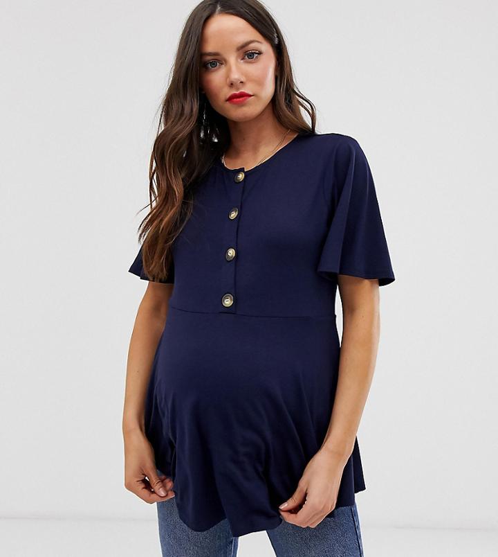 Asos Design Maternity Nursing Button Front Smock Top With Flutter Sleeve - Navy