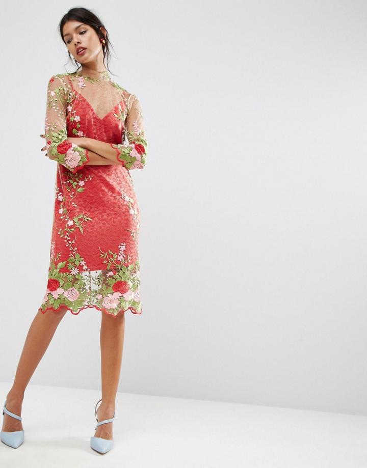 Asos Salon Floral Embroidered Midi Dress - Pink