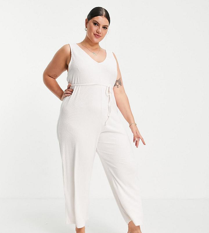 Asos Design Curve Mix & Match Lounge Super Soft Rib Jumpsuit With Waist Tie In Ecru-white