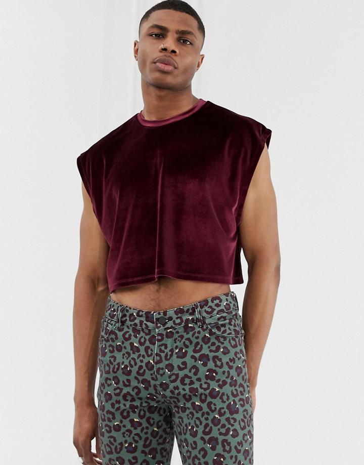 Asos Design Cropped Oversized Sleeveless T-shirt In Burgundy Velour - Red