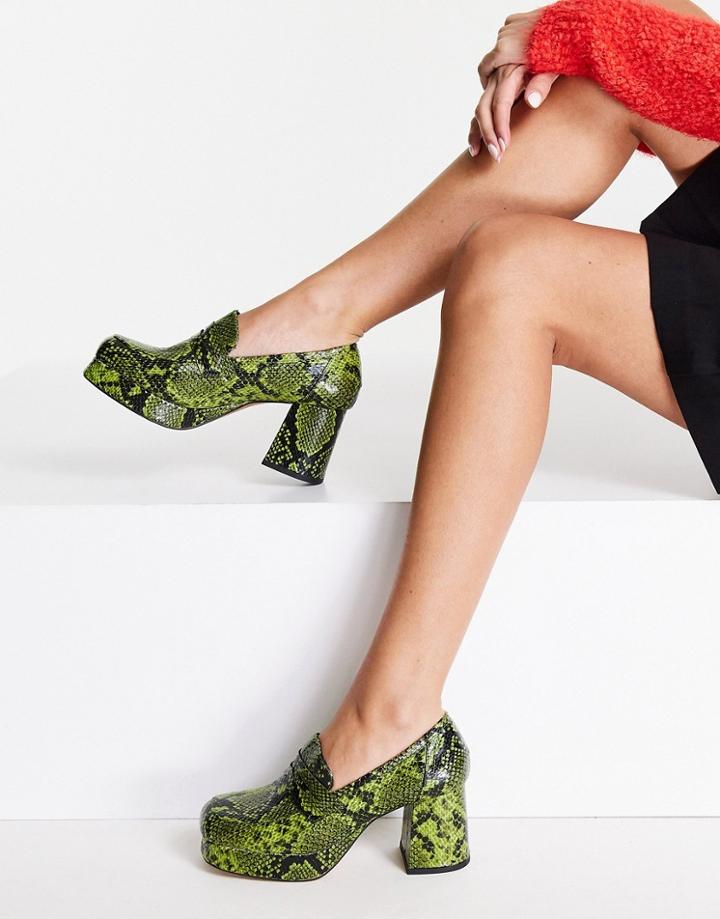 Asos Design Signature Platform Heeled Loafer In Green Snake
