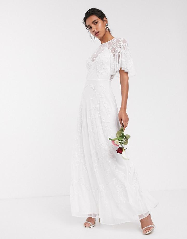 Asos Edition Embroidered & Beaded Flutter Sleeve Wedding Dress-white